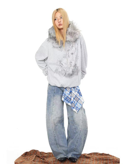 'Lonely Island' Y2K Detachable Furry Hood Printed Half-Zip Hoodie