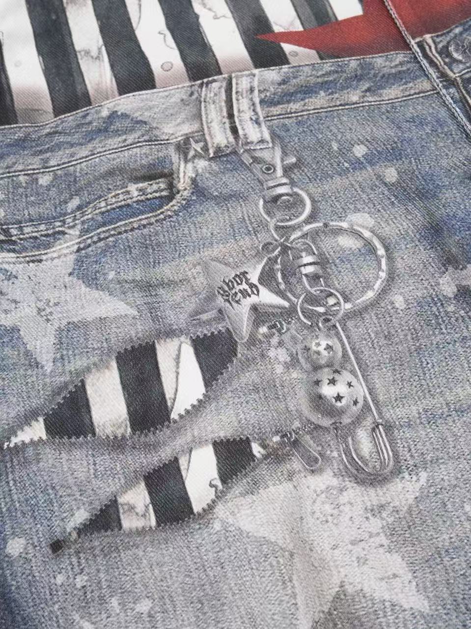 'Patchstar' Streetstyle Patchwork Graphic Wide-Leg Denim Jeans