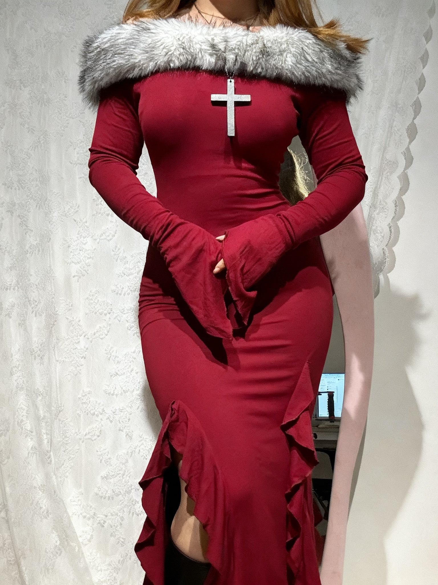 Midnight Off-Shoulder Black/Maroon Tassel Fur Maxi Dress – Detachable Fur Trim, Fall Winter Holiday Party Dress AlielNosirrah