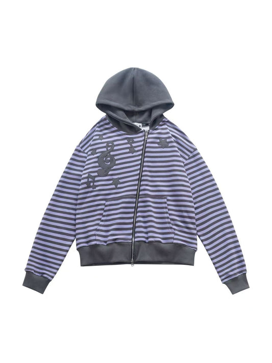 'Melody Stripes' Oversized Retro Y2K  Asymmetrical Zipper Striped Hoodie AlielNosirrah
