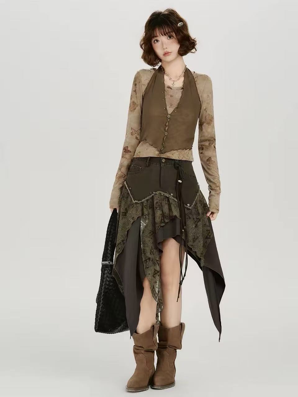 'WasteAsym' Wasteland Style Irregular Denim Midi Skirt