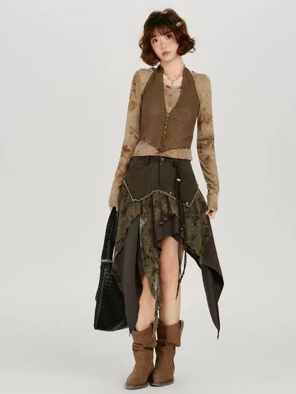 'WasteAsym' Wasteland Style Irregular Denim Midi Skirt