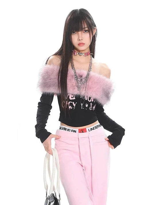 ’Love Chip‘ Y2k Pink Off Shoulder Fluffy Top AlielNosirrah