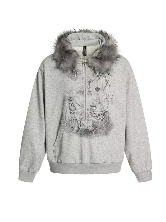 'Lonely Island' Y2K Detachable Furry Hood Printed Half-Zip Hoodie