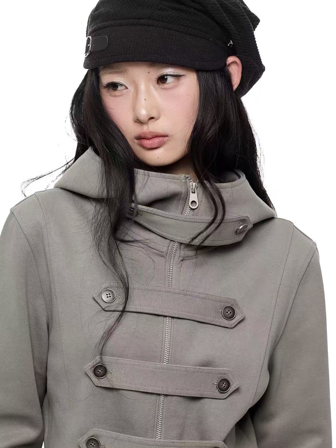 'Dark Crest' Shawl Hoodie Cuff Side Zipper Design