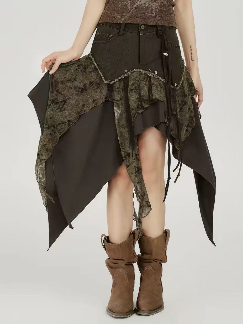 'WasteAsym' Wasteland Style Irregular Denim Midi Skirt