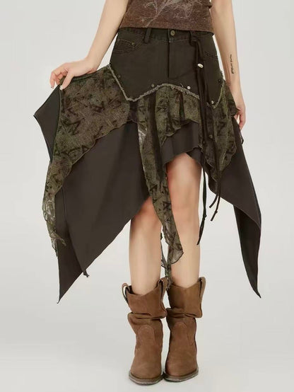 'WasteAsym' Wasteland Style Irregular Denim Midi Skirt