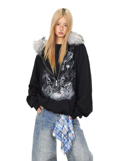 'Lonely Island' Y2K Detachable Furry Hood Printed Half-Zip Hoodie
