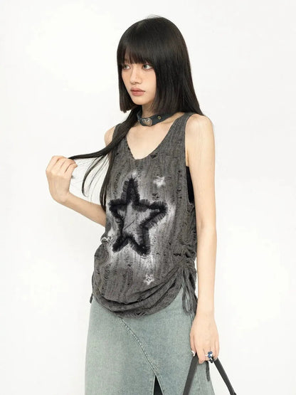 'Star Ash' Unisex Grunge Drawstring Ripped Gray Tank Top AlielNosirrah