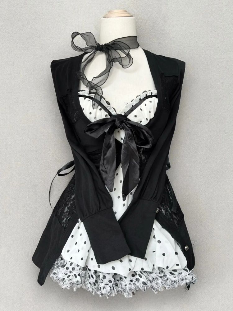 ’Dot Darling' Vintage Bow Polka Dot Top + Lace-Up Shirt AlielNosirrah