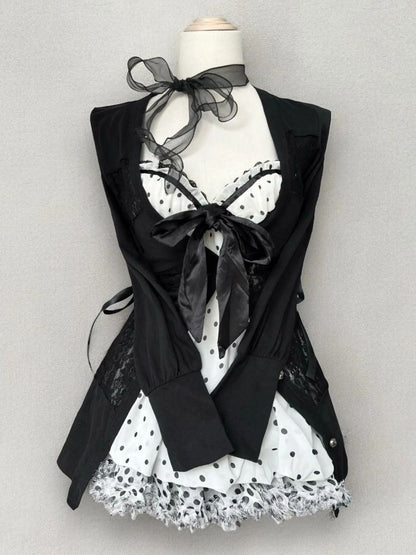 ’Dot Darling' Vintage Bow Polka Dot Top + Lace-Up Shirt AlielNosirrah