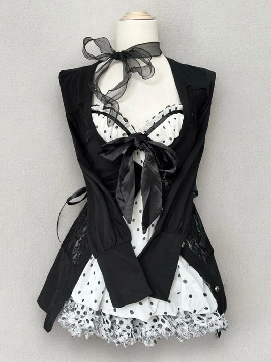 ’Dot Darling' Vintage Bow Polka Dot Top + Lace-Up Shirt AlielNosirrah