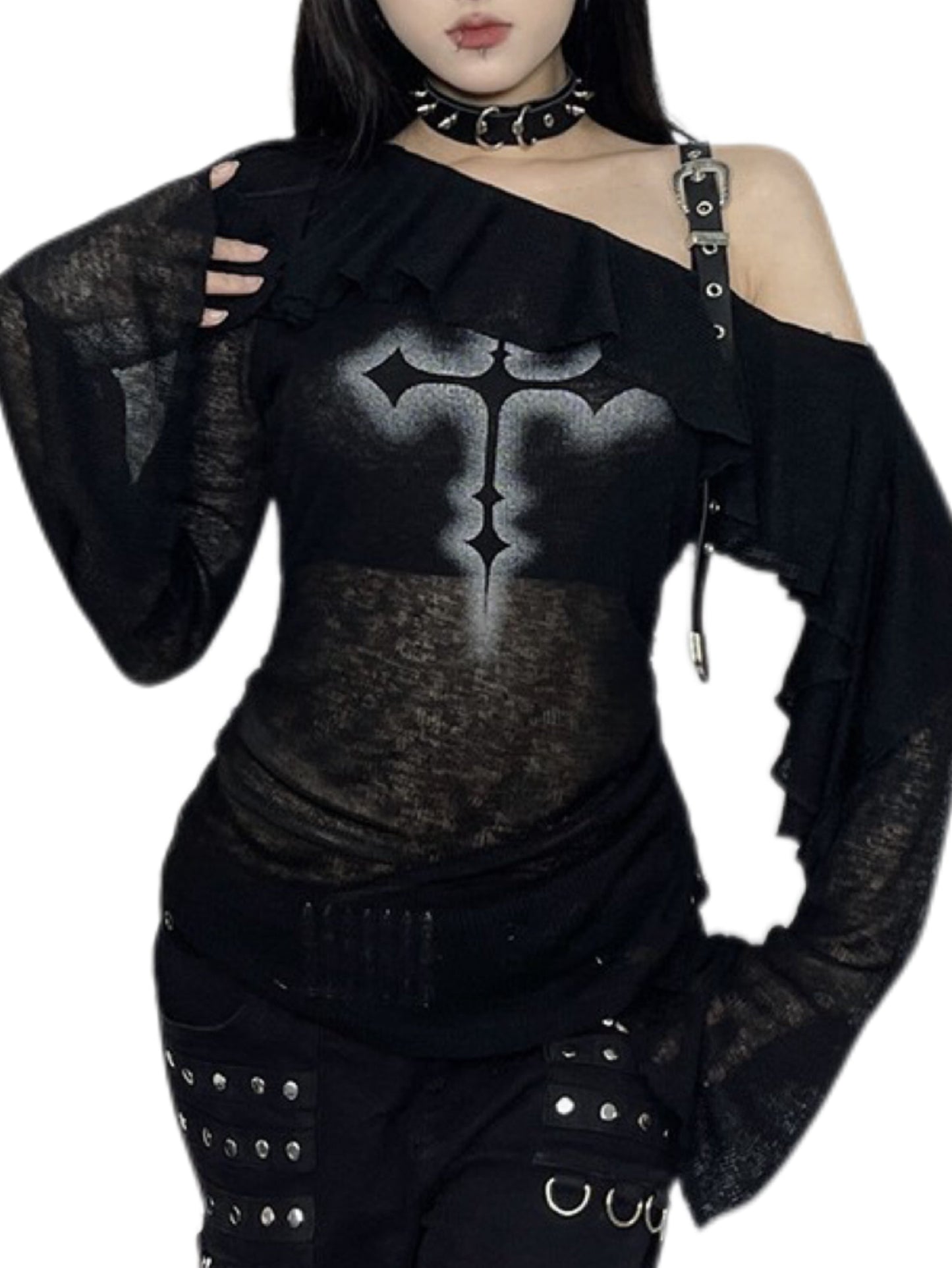’Dark Siren' Sheer Black Ruffle Drawstring Off-Shoulder Gothic Style Top (Copy) AlielNosirrah