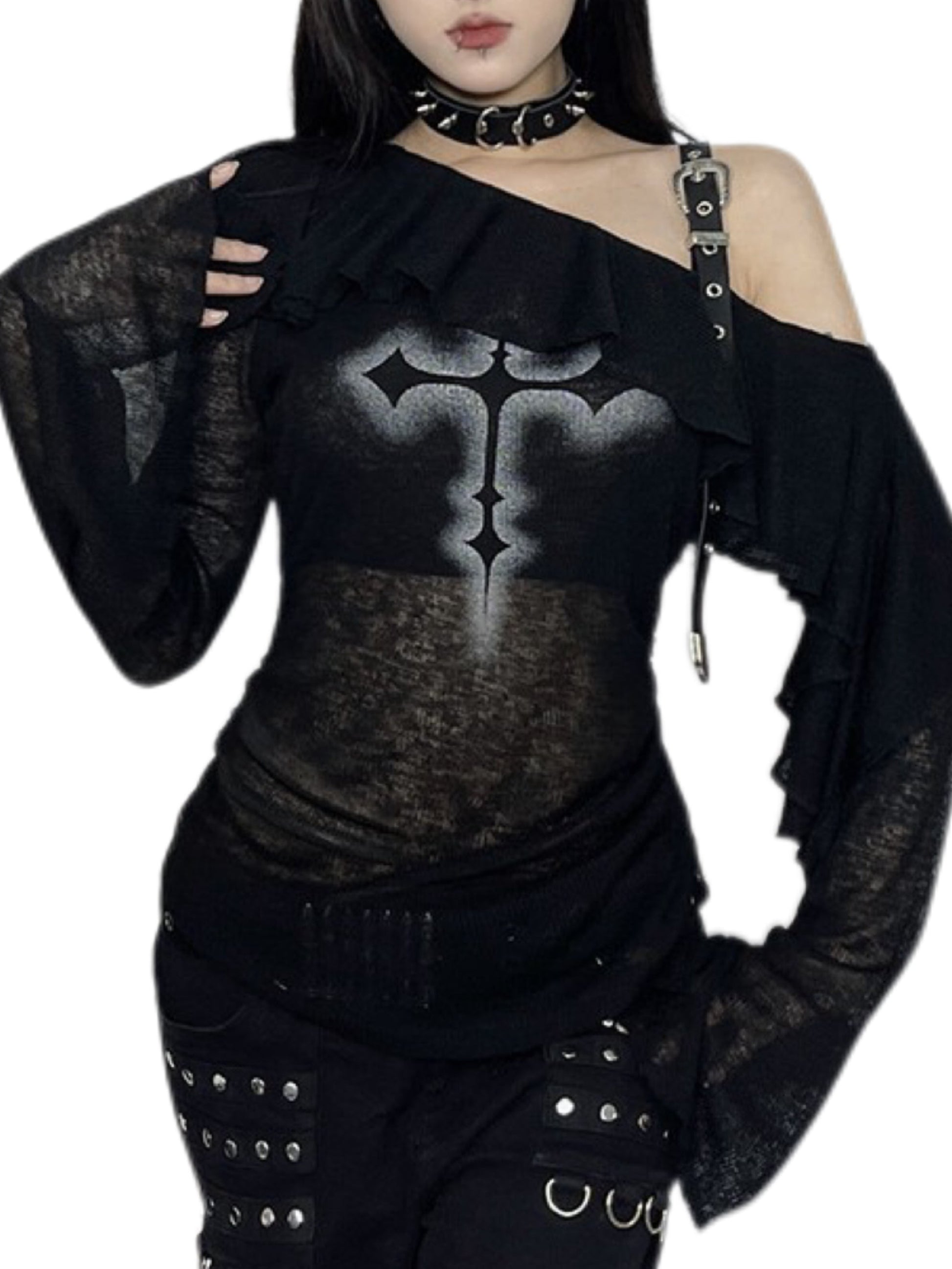 ’Dark Siren' Sheer Black Ruffle Drawstring Off-Shoulder Gothic Style Top (Copy) AlielNosirrah