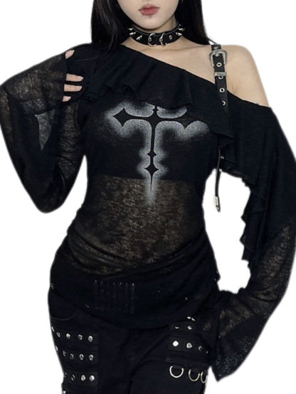 ’Dark Siren' Sheer Black Ruffle Drawstring Off-Shoulder Gothic Style Top (Copy) AlielNosirrah