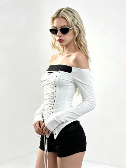 'Cream Bandage' White Off Shoulder Tie Waist Fitted Top
