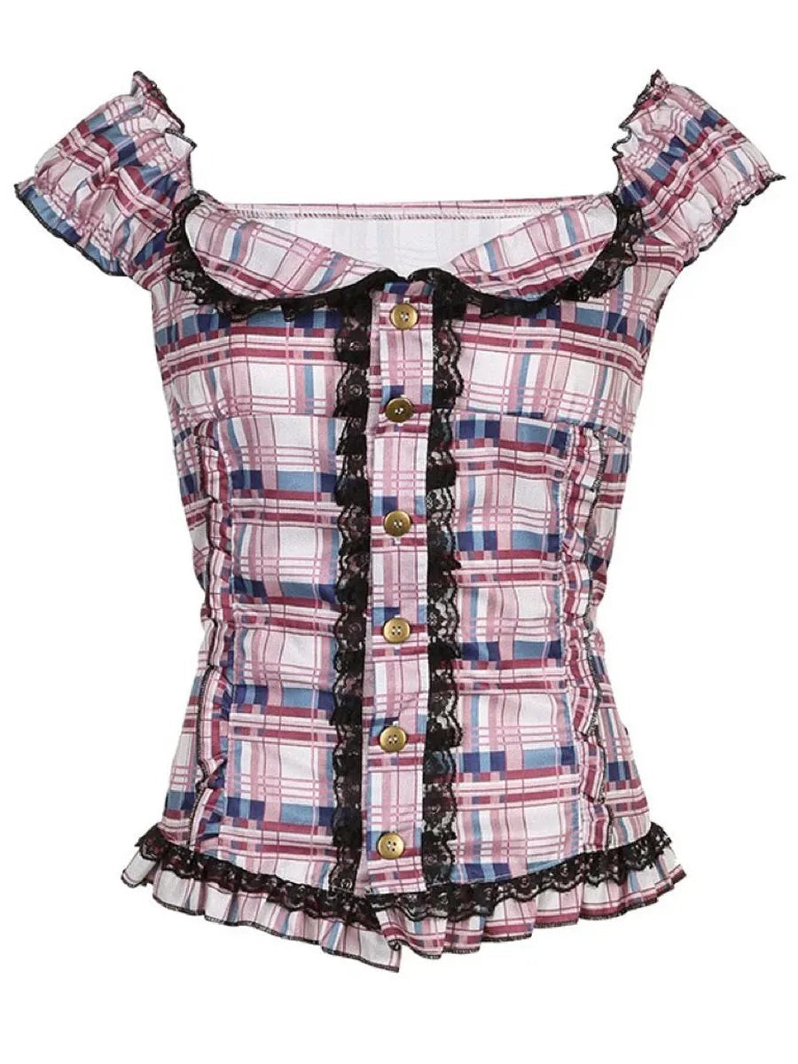 'Iris' Y2k Coquette Lace Pink Checked Shirts AlielNosirrah