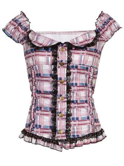 'Iris' Y2k Coquette Lace Pink Checked Shirts AlielNosirrah
