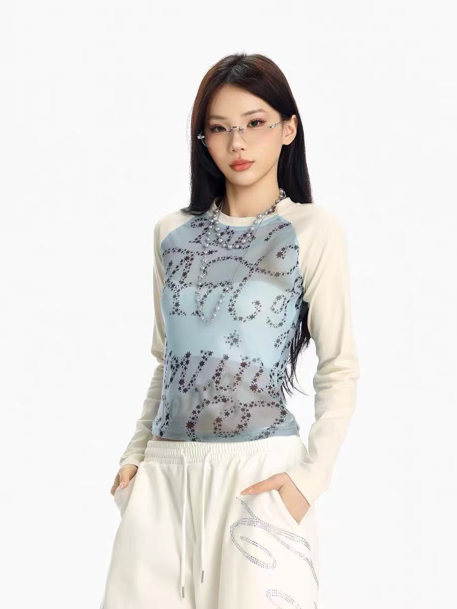 'Dreaming' Vintage Print Mesh Patchwork Long Sleeve Top AlielNosirrah