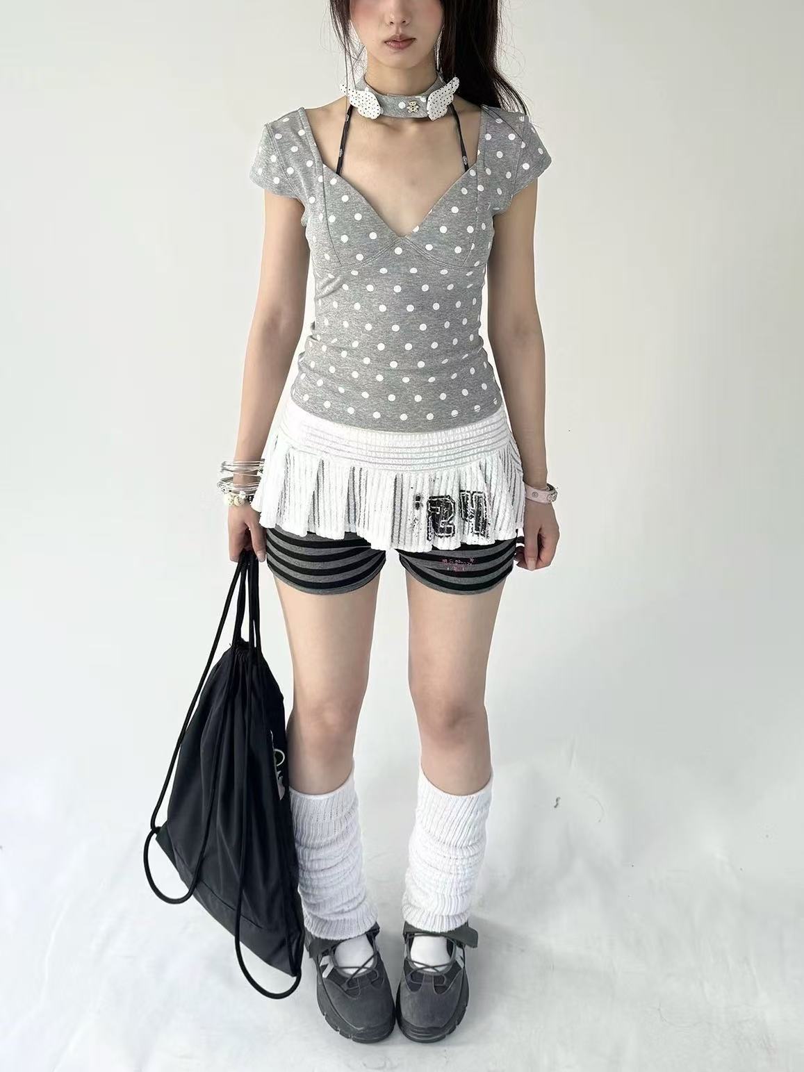 'Tea time' Coquette Polka Dot V-Neck Shirts With Angel Wing Choker AlielNosirrah