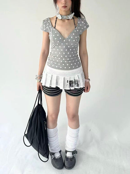 'Tea time' Coquette Polka Dot V-Neck Shirts With Angel Wing Choker AlielNosirrah