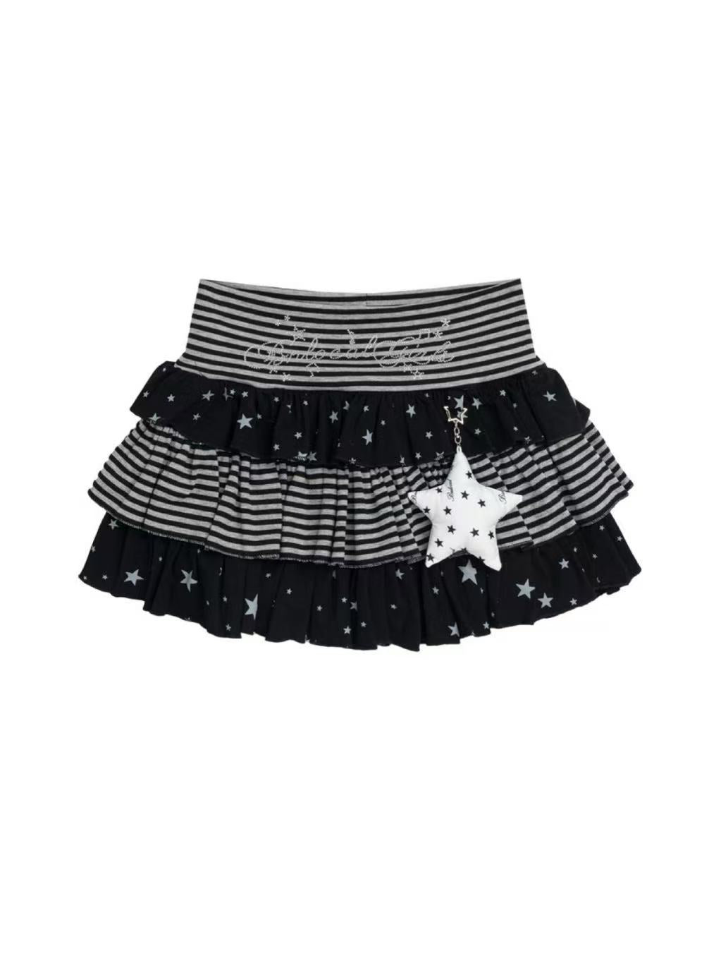 'Star Glow' Y2K Patchwork Striped Star Puffy Skirt AlielNosirrah