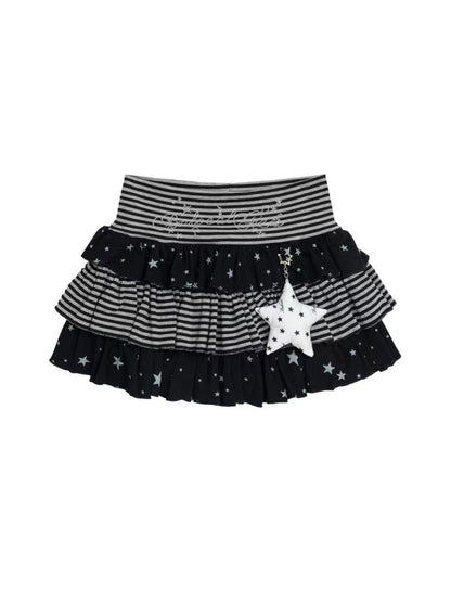 'Star Glow' Y2K Patchwork Striped Star Puffy Skirt AlielNosirrah