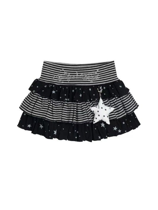 'Star Glow' Y2K Patchwork Striped Star Puffy Skirt AlielNosirrah