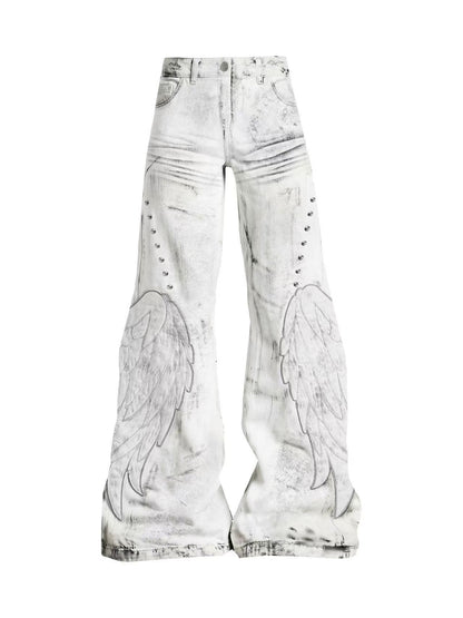 'Faded Wing' Punk Distressed Washed Wing Patch Embroidery Jeans