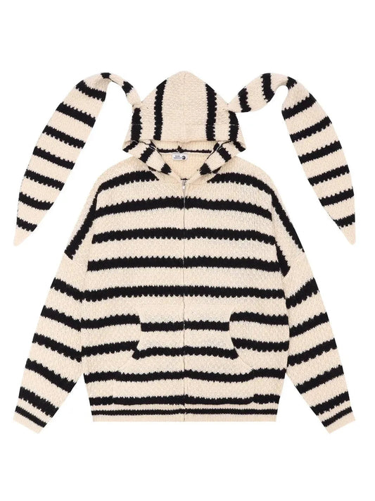 'Bunny Ear' Retro Striped Hooded Knitted Sweater AlielNosirrah