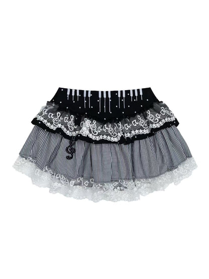 'Melody Keys' Y2K Plaid Lace Patchwork Puff Cake Skirt (Copy) AlielNosirrah