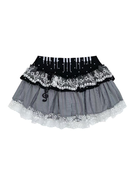 'Melody Keys' Y2K Plaid Lace Patchwork Puff Cake Skirt (Copy) AlielNosirrah