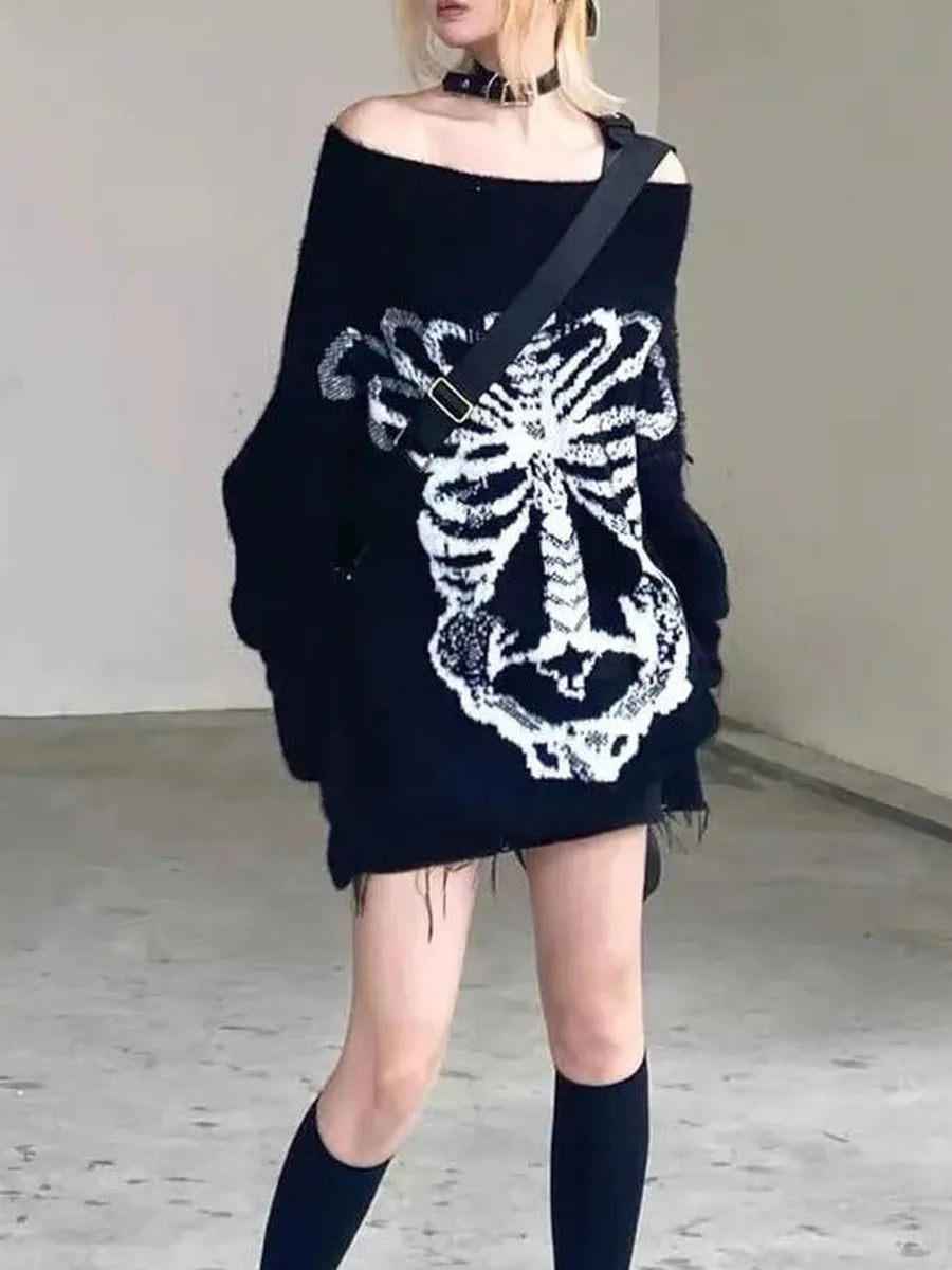 'Flower Bone' Dark Pattern Shoulder Off Oversized Sweater AlielNosirrah