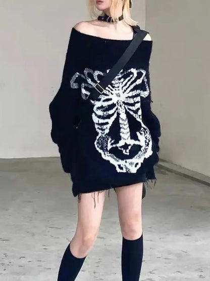 'Flower Bone' Dark Pattern Shoulder Off Oversized Sweater AlielNosirrah