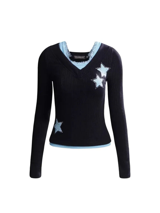 'Born Star' Blokette Star Y2k Patchwork Long Sleeve Slim Shirts AlielNosirrah