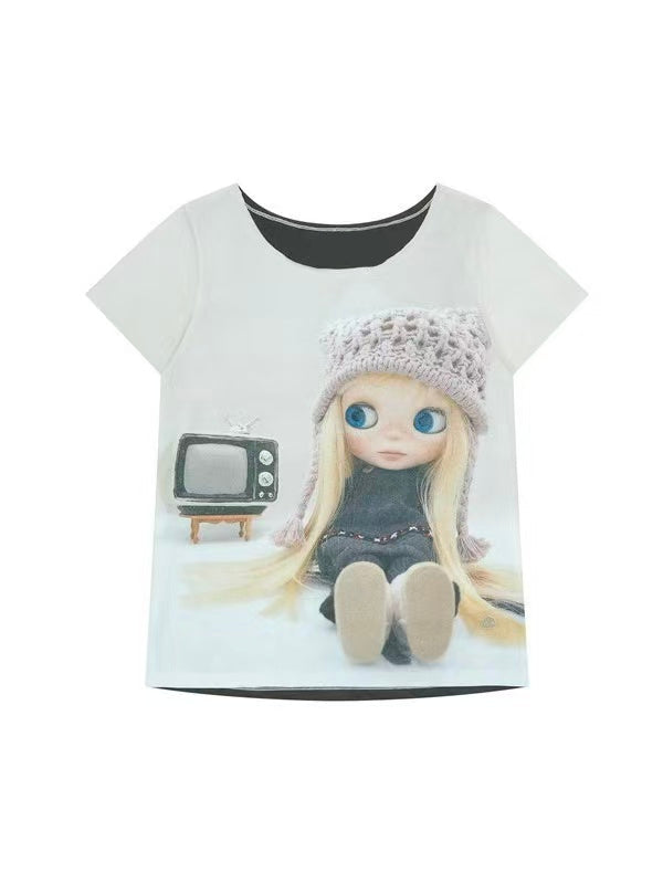 'Doll Pop' Retro Cartoon Print Y2K Asymmetrical Shoulder Tee AlielNosirrah
