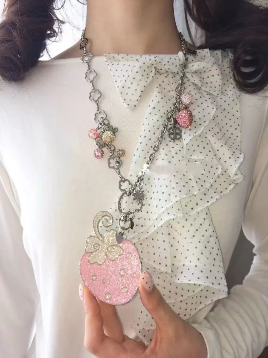 'Strawberry Bud' Glitter Strawberry Pendant Metal Necklace AlielNosirrah