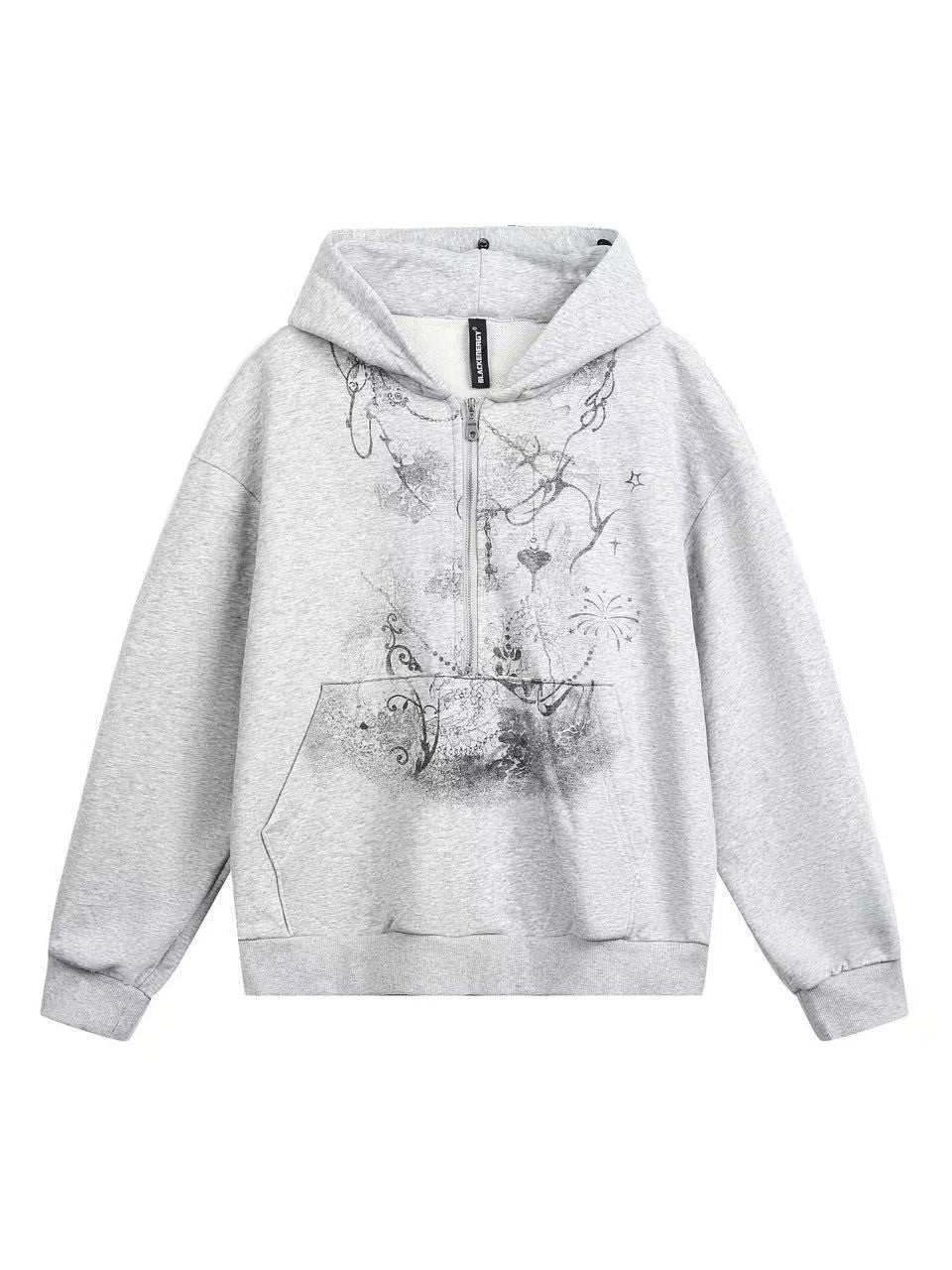 'Lonely Island' Y2K Detachable Furry Hood Printed Half-Zip Hoodie