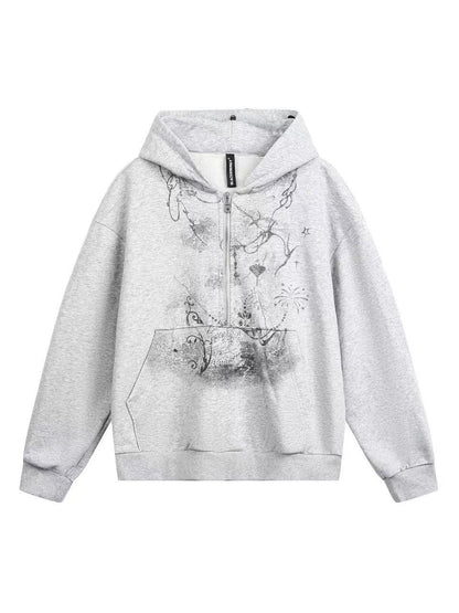 'Lonely Island' Y2K Detachable Furry Hood Printed Half-Zip Hoodie