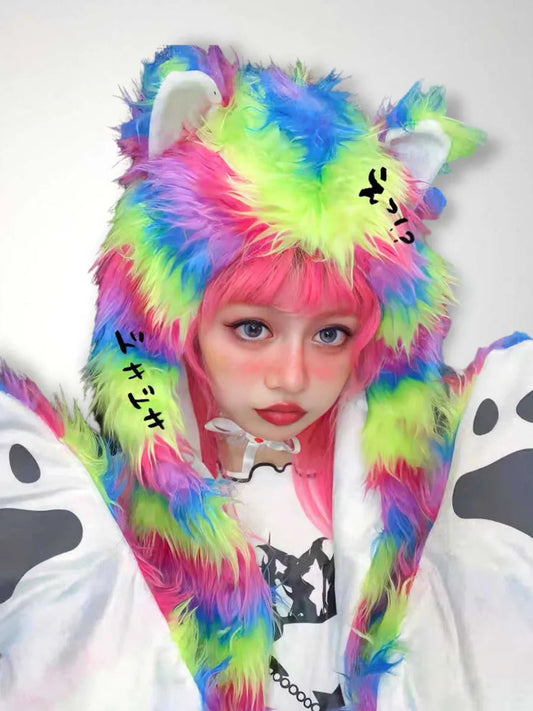 'Rainbow Bear' Furry Pride Pastel Rainbow Hooded Scarf AlielNosirrah