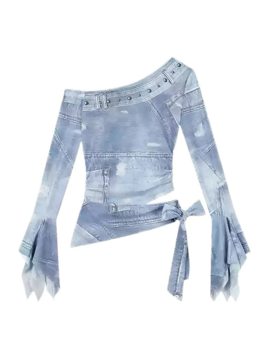 'My Jeans' Y2k Denim Pattern Off Shoulder Top AlielNosirrah
