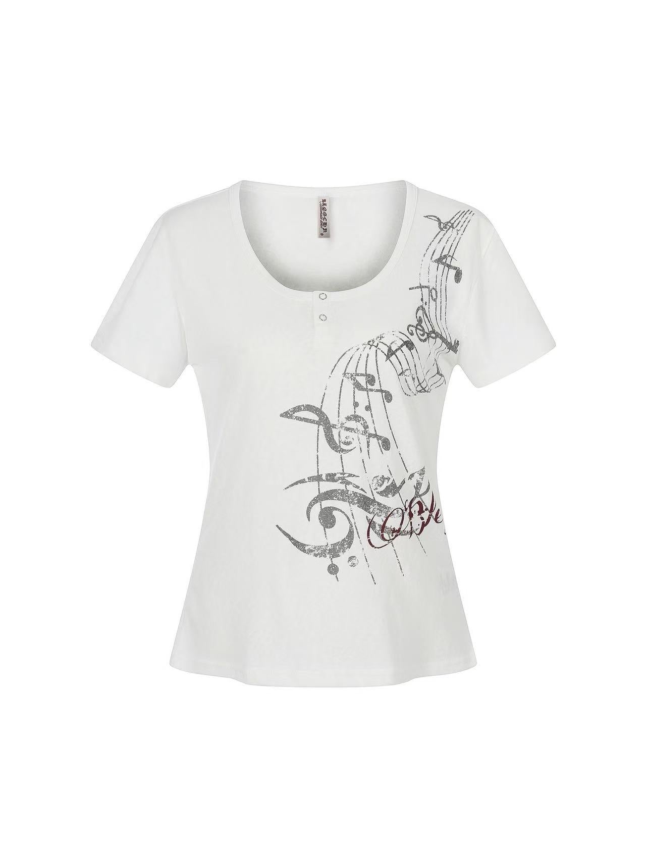 'Melody Era' Music Note Print Scoop Neck T-Shirt AlielNosirrah