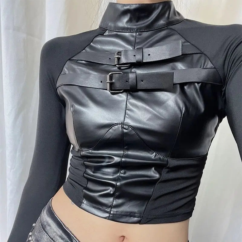 'Alyen' slim-fit leather-paneled long-sleeve top AlielNosirrah