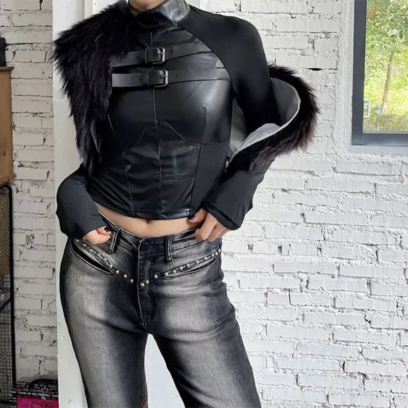 'Alyen' slim-fit leather-paneled long-sleeve top AlielNosirrah