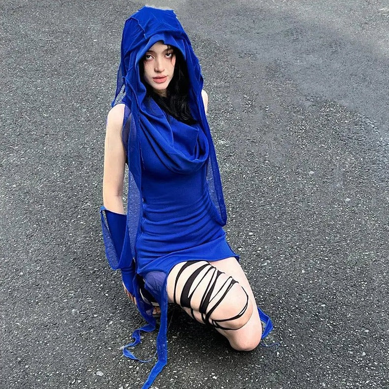 'Aqua' Klein Blue Wasteland Punk Hooded Dress AlielNosirrah