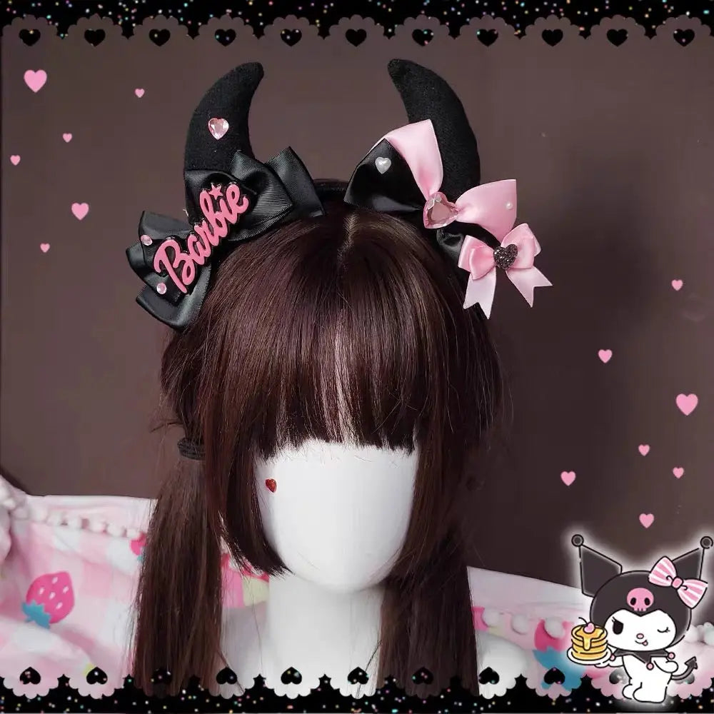 Bad Barbie' Horns Black Pink Bow Tie Headband AlielNosirrah