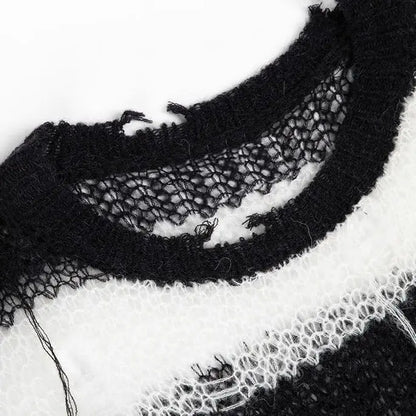 'Blight' Grunge Fairy Striped Hollow-Out Sweater - AlielNosirrah