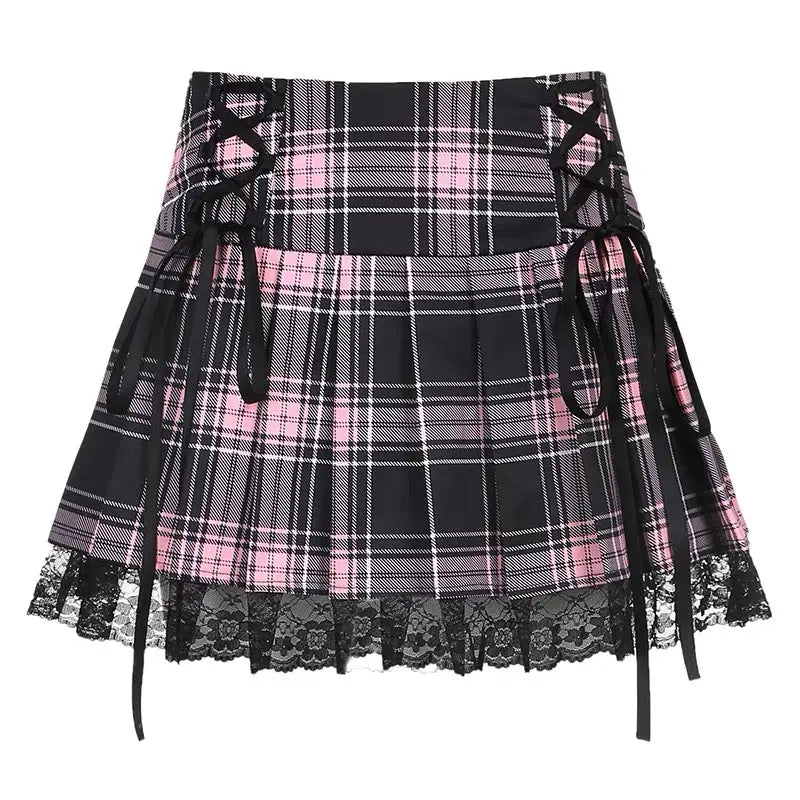 'Bubblegum' Egirl Pink Plaid Lace Skirt - AlielNosirrah