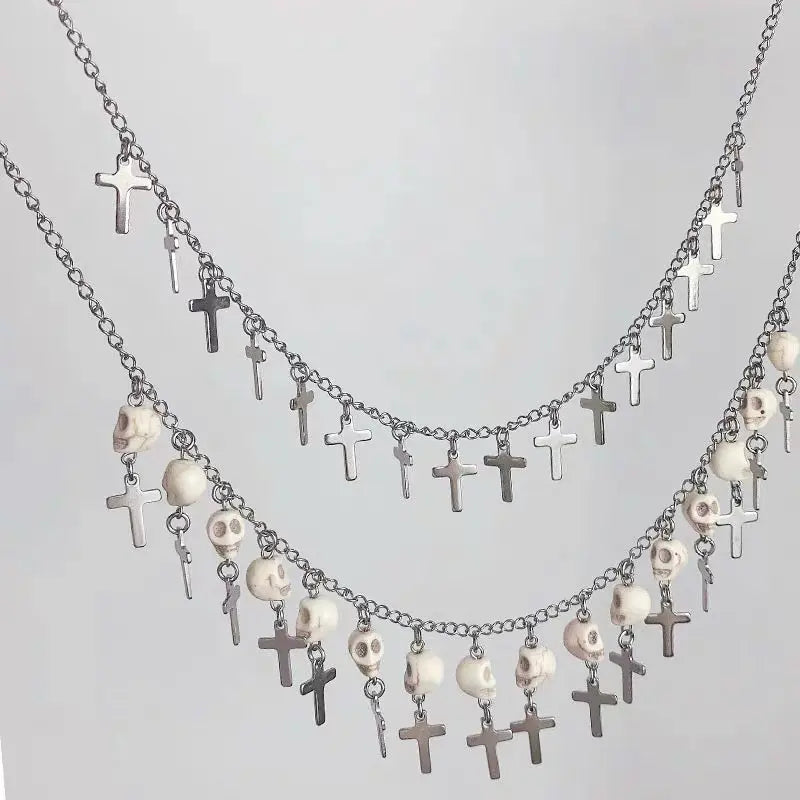 'Buried' Skull & Cross Double Chain Dark Gothic Necklace - AlielNosirrah