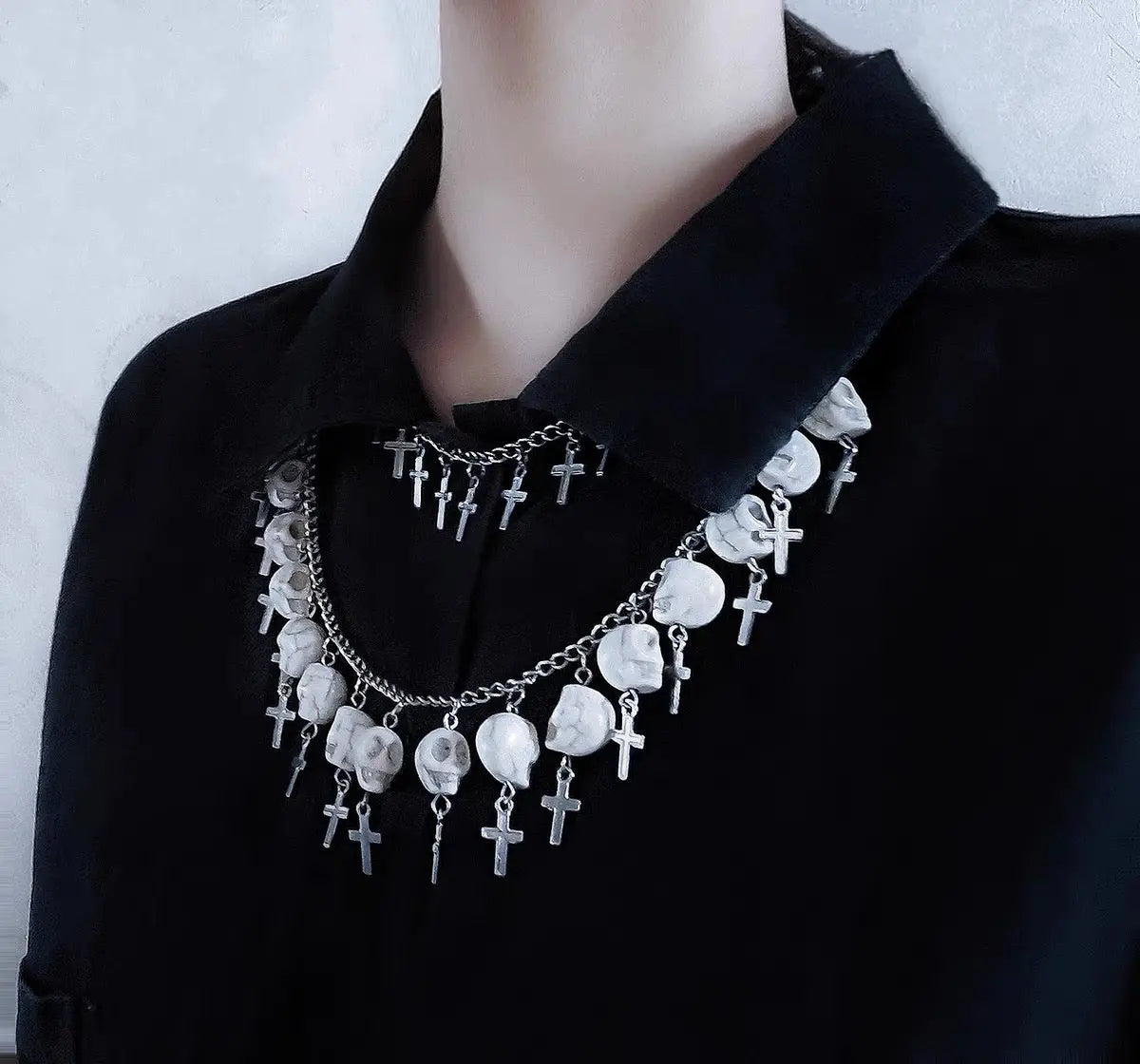 'Buried' Skull & Cross Double Chain Dark Gothic Necklace - AlielNosirrah